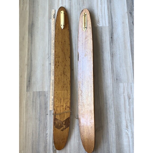 Vintage Pair Junior Size RIVIERA Adjustable Binding Metal Wood Water Skis - Picture 6 of 11